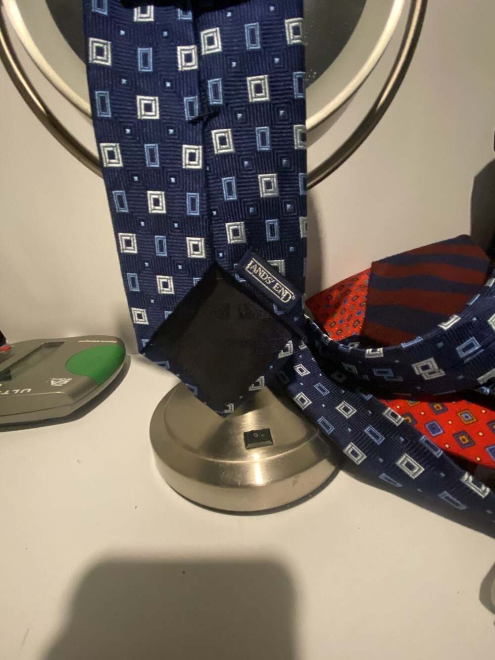 Lands' End Blue Geometric Square Pattern 100% Silk Handsewn Tie